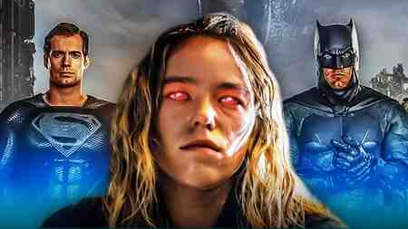 The DCU's Supergirl standing between the DCEU's Superman and Batman.