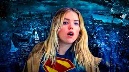 Supergirl, played by Milly Alcock, city background.