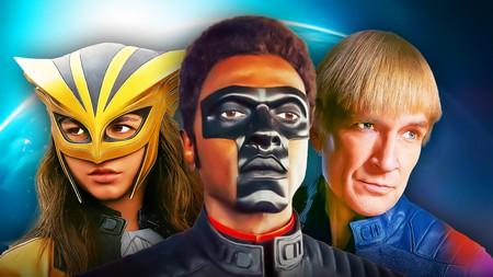 Justice Gang heroes from Superman movie: Hawkgirl, Mr. Terrific, Green Lantern