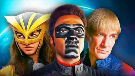 Justice Gang heroes from Superman movie: Hawkgirl, Mr. Terrific, Green Lantern
