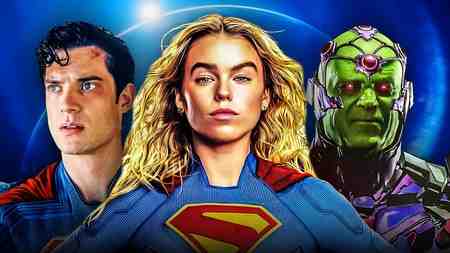Supergirl in front of Superman and Brainiac.