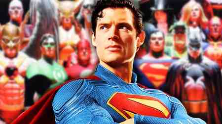 David Corenswet as Superman with Justice League faded in the background