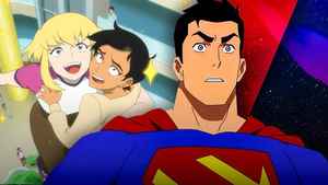 Supergirl holding Lois Lane; Superman in My Adventures With Superman.