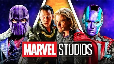 Zemo, Loki, Thor, and Nebula in front of the Marvel Studios logo.