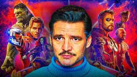 Pedro Pascal as Reed Richards in Fantastic Four: First Steps, Avengers characters in background