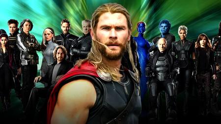 Chris Hemsworth as Thor with the X-Men behind him.