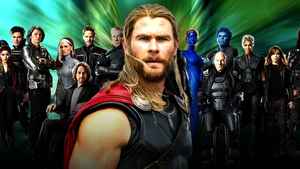 Chris Hemsworth as Thor with the X-Men behind him.