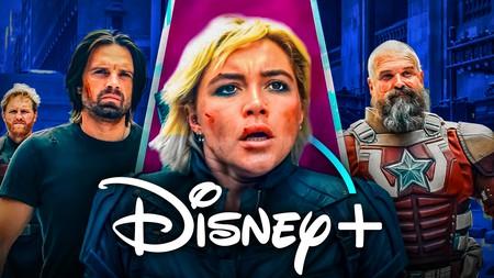 Thunderbolts characters Yelena, Bucky, John Walker, Red Guardian; Disney+ logo