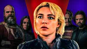Thunderbolts, Yelena Belova front and center, superheroes in background