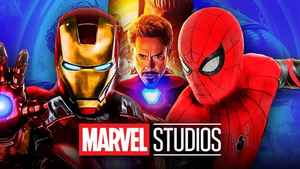 Tom Holland Spider-Man, Robert Downey Jr. Iron Man, Marvel Studios logo.