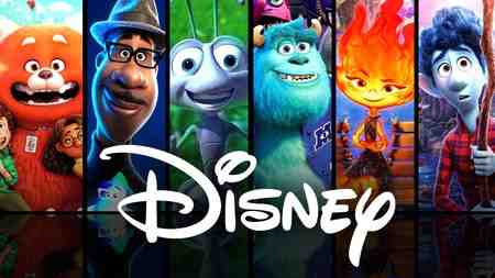 Disney logo, Pixar movies in the background
