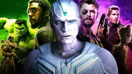 White Vision surrounded by Avengers.
