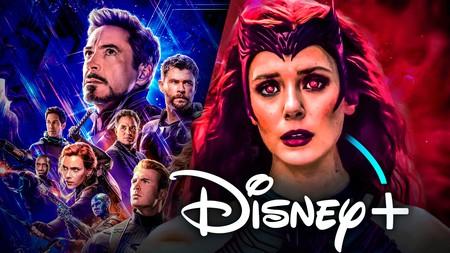 Avengers movie characters, Wanda from WandaVision, Disney Plus logo