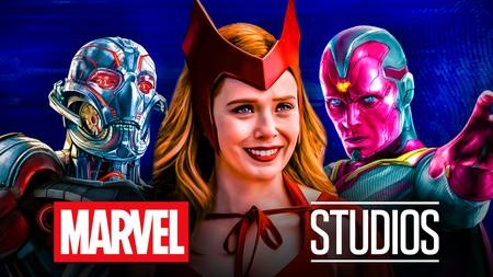 WandaVision characters Wanda, Ultron, Vision, Marvel Studios logo