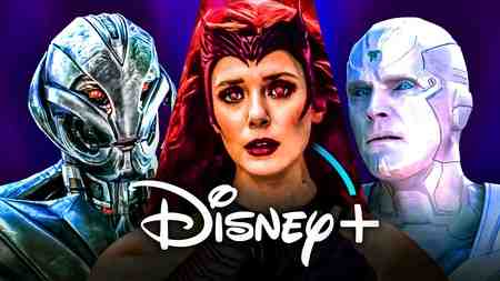 WandaVision characters Vision, Scarlet Witch, Ultron, Disney Plus logo
