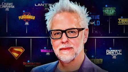 James Gunn in front of DCU movie tv slate