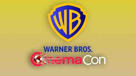 Warner Bros. logo and CinemaCon logo against yellow background.