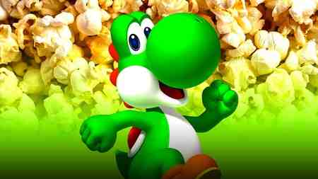 Yoshi walking with popcorn in the background.