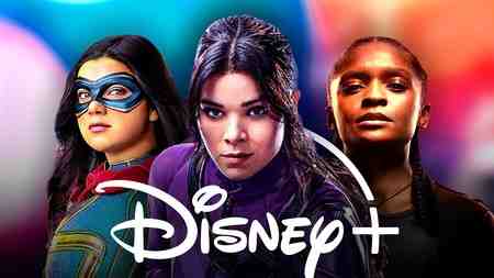 Ms. Marvel, Hailee Steinfeld as Kate Bishop, Dominique Thorne as Riri Williams, Disney+ logo