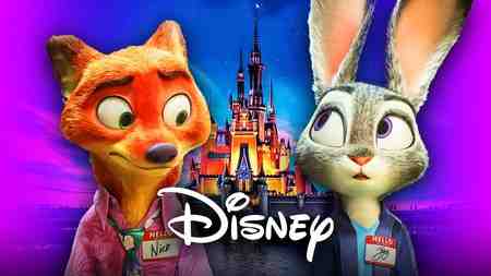 Nick Wilde and Judy Hopps next to the Disney castle in Zootopia
