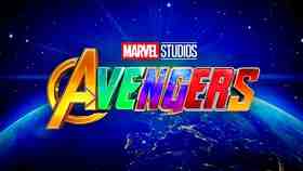 Avengers movie logo with different colors for each letter and Marvel Studios logo above.