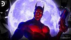 Batman Beyond comic book version in front of a moon and two animated Batman Beyond iterations.