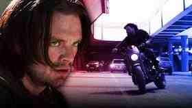 Sebastian Stan as Bucky, Bucky riding a motorcycle