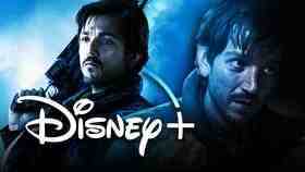 Cassian Andor holding gun on left and Diego Luna on right with Disney+ logo in foreground
