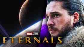 overlook of planet on left, Kit Harrington on right, Marvel Studios Eternals logo in low left corner