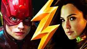 Ezra Miller as The Flash, Flash logo, Gal Gadot as Wonder Woman