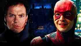 Ezra Miller as The Flash, Michael Keaton as Bruce Wayne