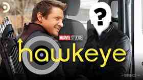 Jeremy Renner as Hawkeye, Hawkeye logo, and person with Question Mark on face