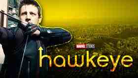 Hawkeye on left with yellow background of city and logo in foreground