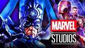 Artwork of Galactus next to several MCU heroes, the Marvel Studios logo