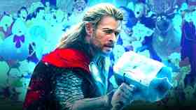 Chris Hemsworth's Thor holding Mjolnir on a blue background of various animated Disney characters.