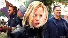 Chris Evans as Captain America with umbrella, Black Widow, Mark Ruffalo