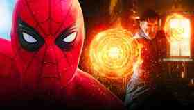 Spider-Man on left with Doctor Strange performing spell on right