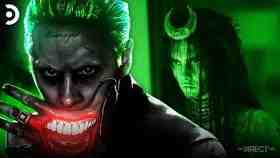 Jared Leto's Joker covering his mouth with Enchantress behind him