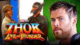 Chris Hemsworth and Taika Waititi on left with logo in foreground and Thor on right