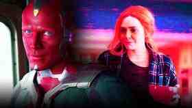 Vision staring into the camera, Wanda Maximoff from WandaVision