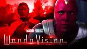 Vision, WandaVision logo, closeup of Paul Bettany as Vision