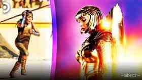 A young Diana on left with Wonder Woman in golden armor on right