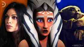 Rosario Dawson, Ahsoka Tano from Star Wars Rebels, and Baby Yoda from The Mandalorian