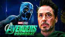 Black Panther, Avengers Doomsday logo, Robert Downey Jr face