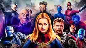Avengers Endgame Characters in front of X-Men Characters