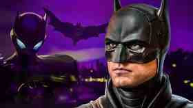 Video game Batman against purple background.