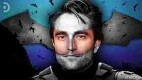Robert Pattinson's The Batman in costume and overlaid by Batman symbol