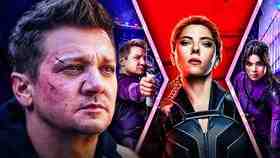 Jeremy Renner as Clint Barton, Scarlett Johansson as Nat Romanoff, Hailee Steinfeld as Kate Bishop