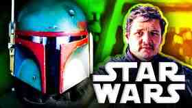 Temuera Morrison as Boba Fett, Star Wars logo, Pedro Pascal as The Mandalorian