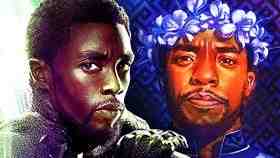 Chadwick Boseman on left, artwork of Boseman as T'Challa on right